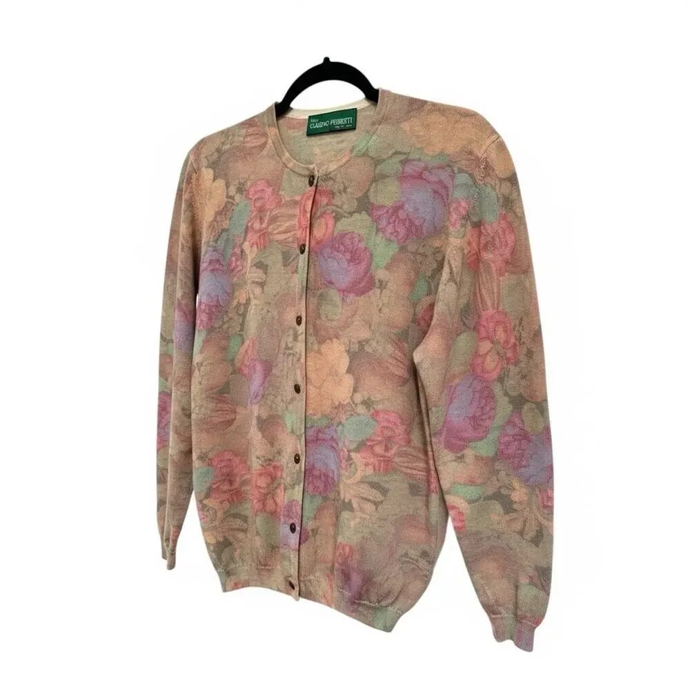 CLAUDIO FERRETTI vintage floral knit cardigan sweater size M Wool & Lana Italy
